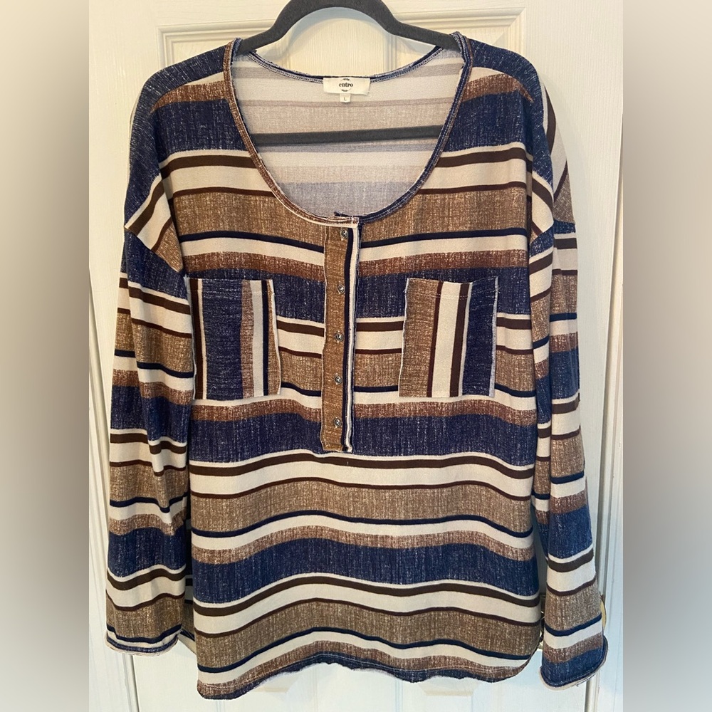 Boutique. Striped Brown and Blue Women's Top by “Entro” - Picture 2 of 8